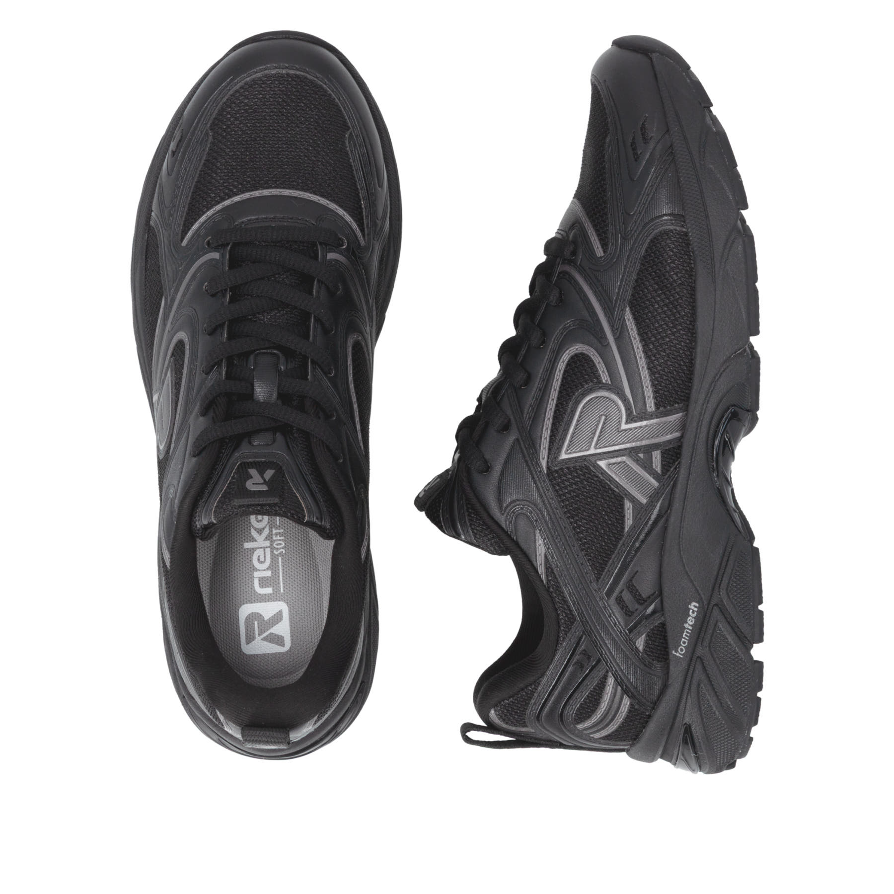 Schwarze Rieker Sport Damen Sneaker Low W4202-00. Schuh von oben, liegend.