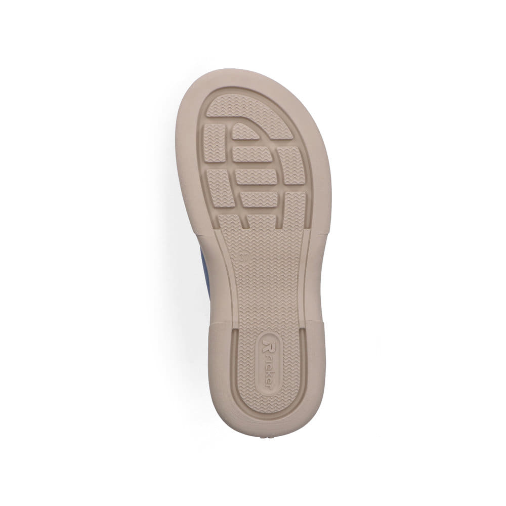 Mules Rieker bleues pour femme V3050-14 avec boucle tendance. Semelle extérieure de la chaussure.