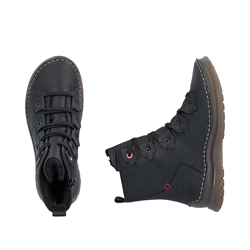 Schwarze Rieker Damen Schnürstiefel 53602-00 mit einem Reißverschluss. Schuh von oben, liegend.