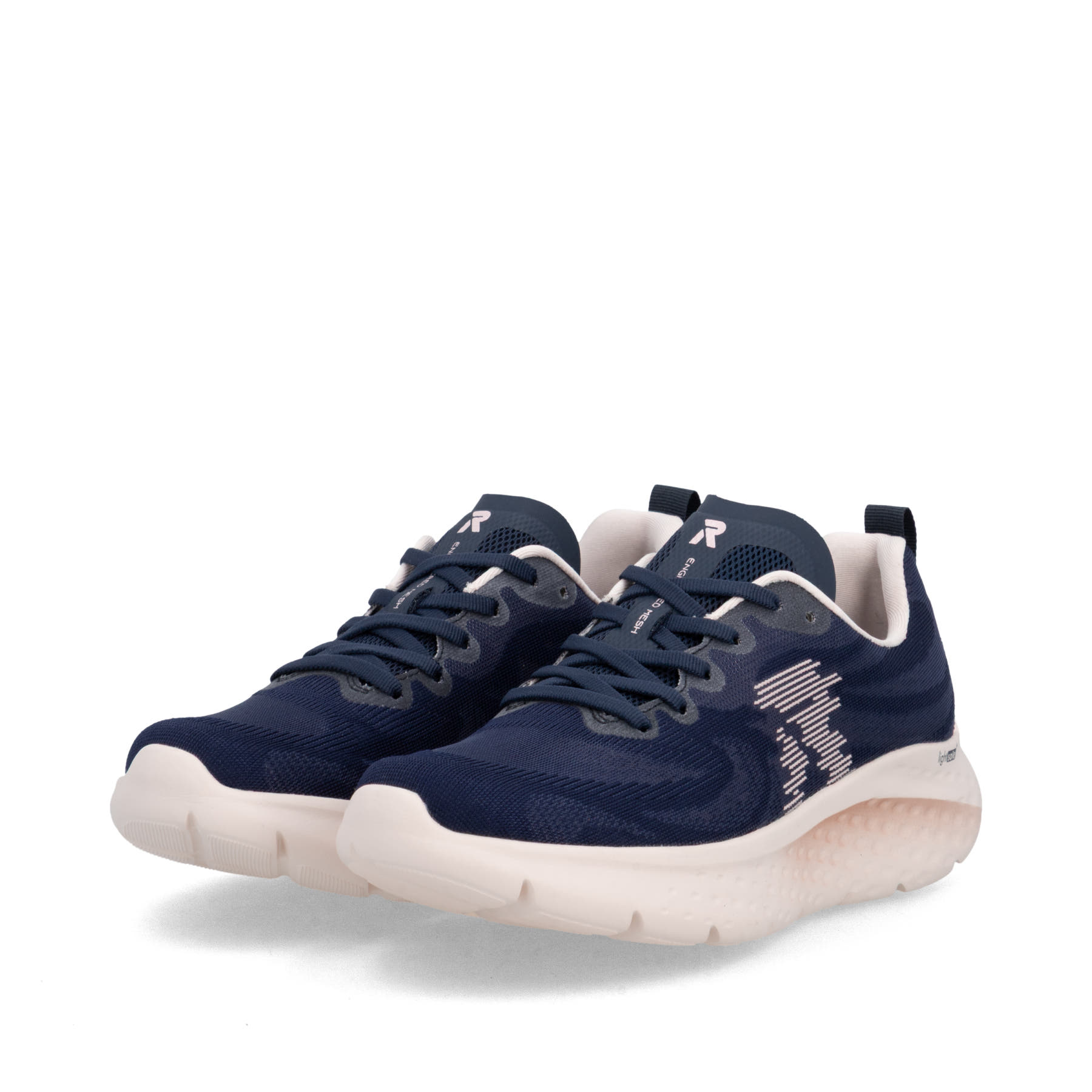 Blaue Rieker Sport Damen Sneaker Low W4401-15. Schuhpaar seitlich schräg.