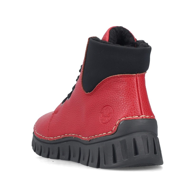 Rot-schwarze Rieker Damen Schnürstiefel 57511-33 mit einem Reißverschluss. Schuh von hinten.