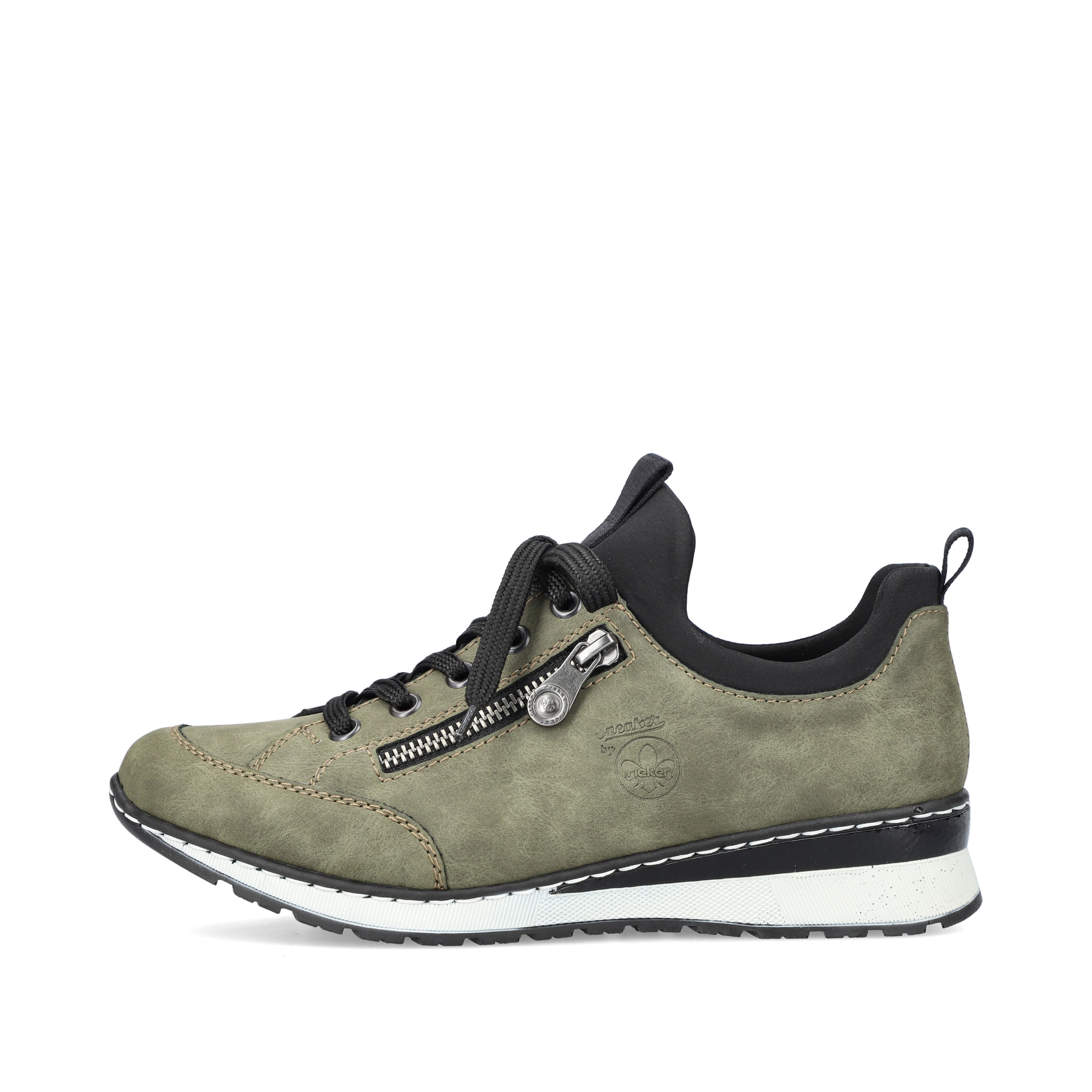 Khakigrüne Rieker Damen Slipper 54470-55 mit Elastikeinsatz sowie einer leichten Sohle. Schuh Außenseite