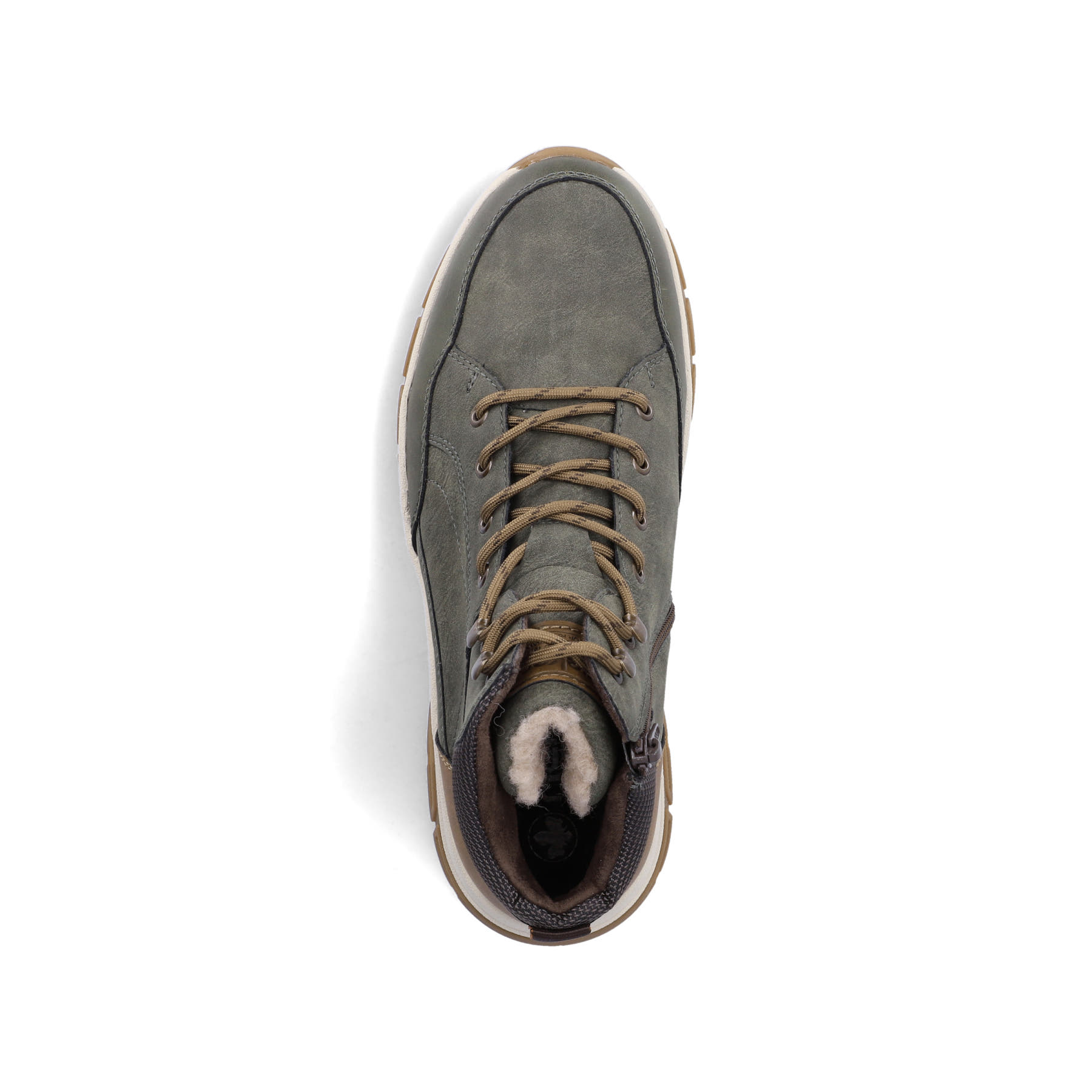Dunkelgrün-schwarze Rieker Herren Schnürstiefel 30212-54 mit Reißverschluss. Schuh von oben.