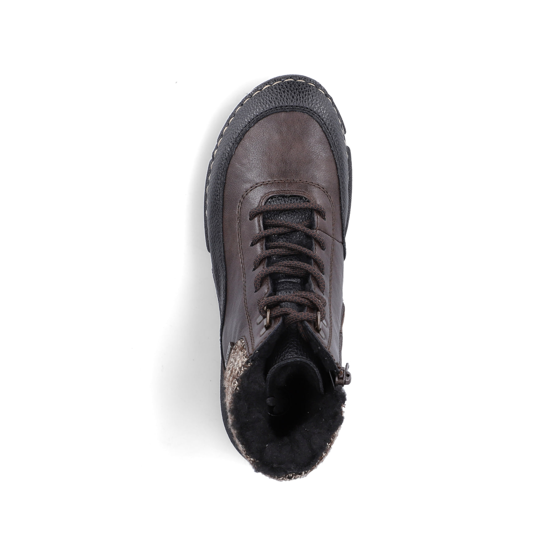 Dunkelbraun-beige Rieker Damen Schnürstiefel 45956-25 mit Strick-Kragen. Schuh von oben.