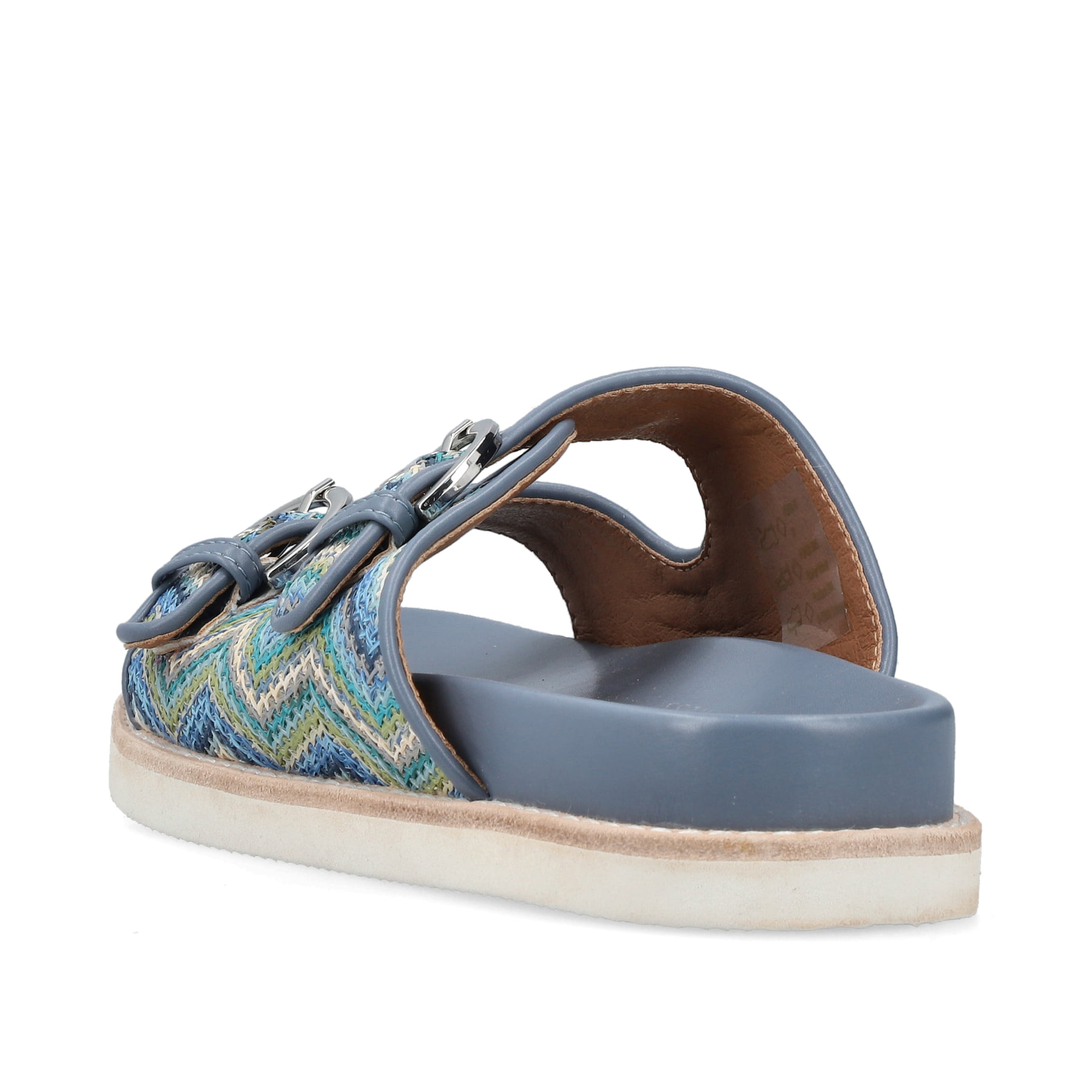 Mehrfarbige Rieker Damen Pantoletten V9584-91 mit einem Schnallen. Schuh von hinten.