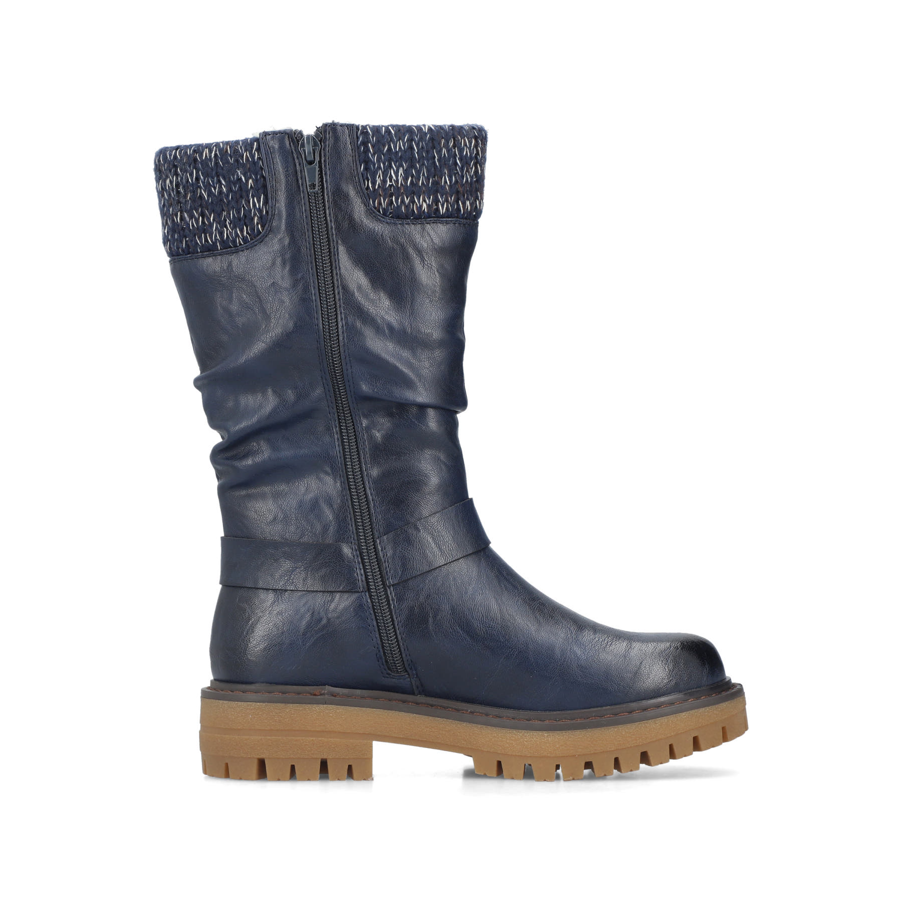 Dunkelblaue Rieker Damen Hochschaftstiefel 92984-14 mit modischer Faltenoptik. Schuh Innenseite.