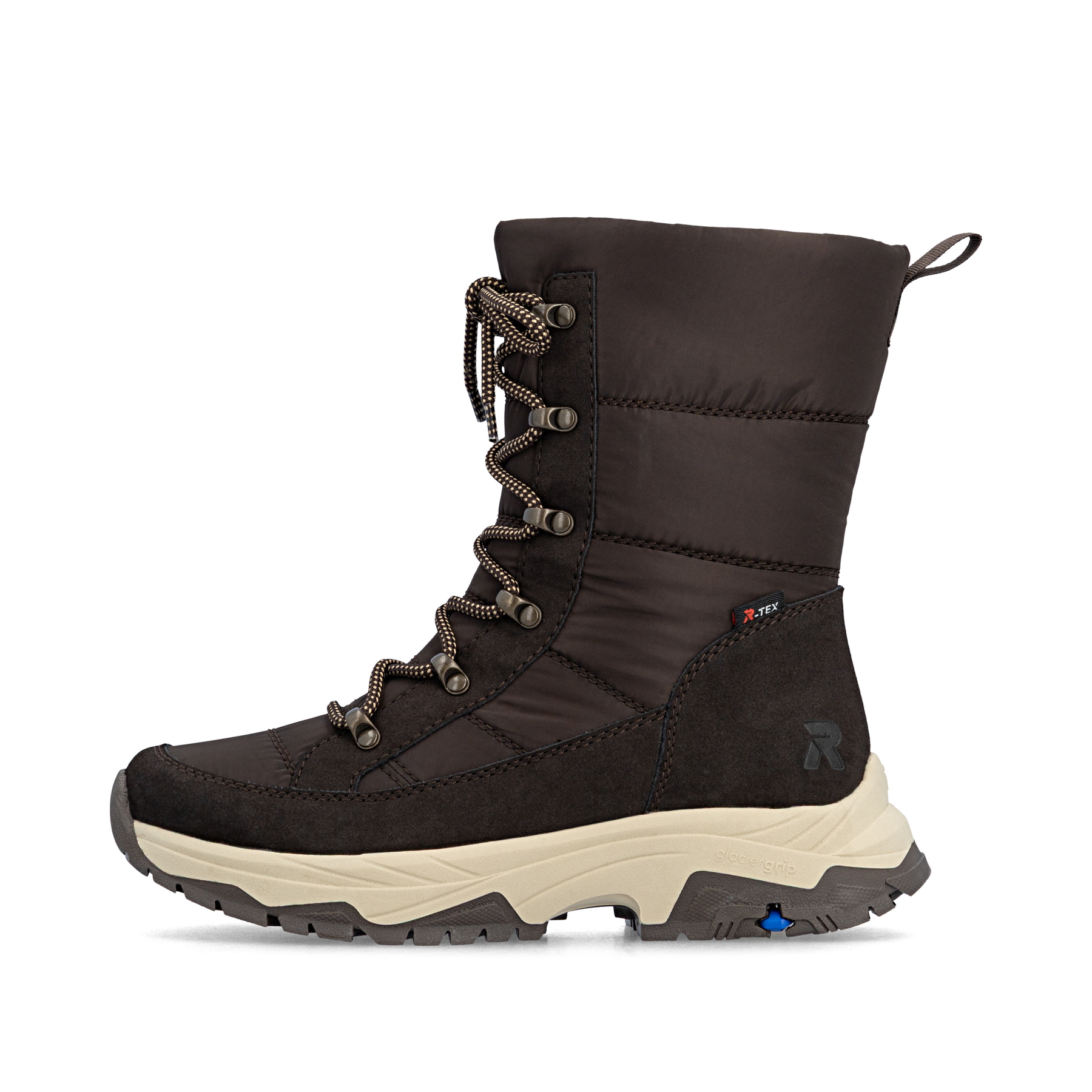 Dunkelbraune Rieker Damen Kurzstiefel Z3950-25 mit dem umdrehbaren Glacier Grip. Schuh Außenseite.