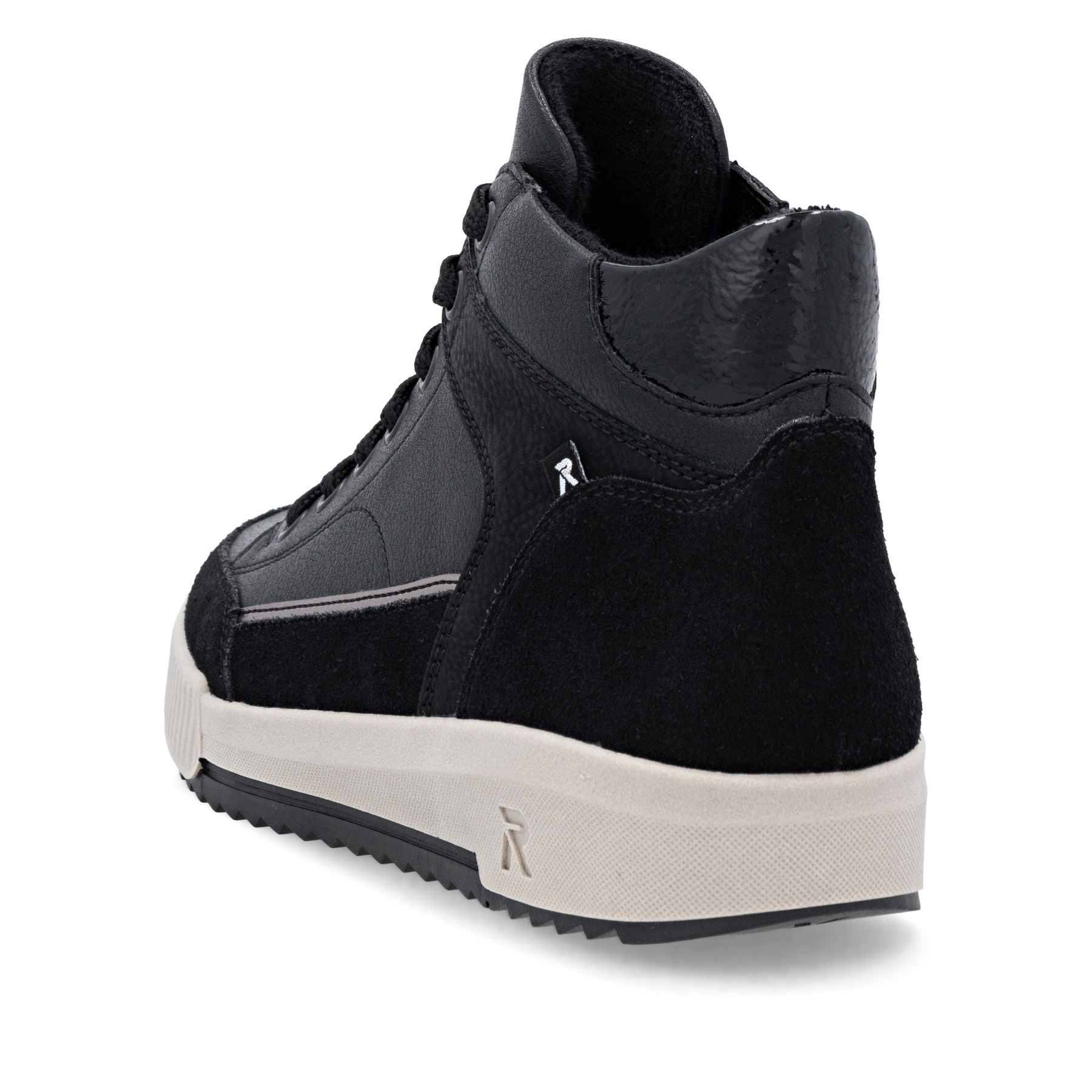 Schwarze Rieker Damen Sneaker High W0171-00 aus Glattleder mit Reißverschluss. Schuh von oben.
