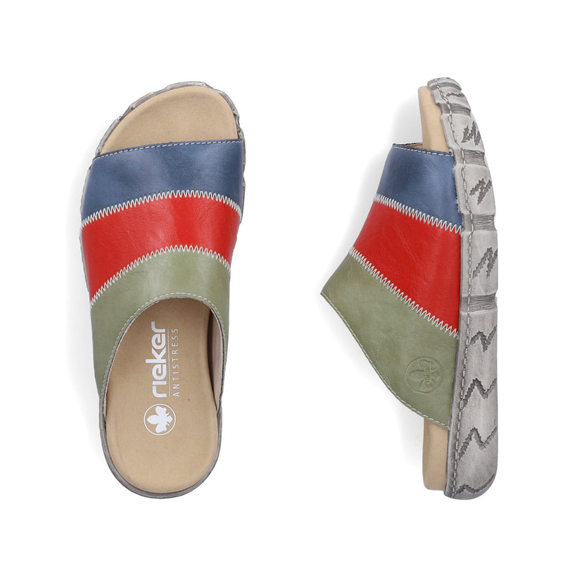 Mehrfarbige Rieker Damen Pantoletten V5170-90 mit schockabsorbierender Sohle. Schuh von oben, liegend.