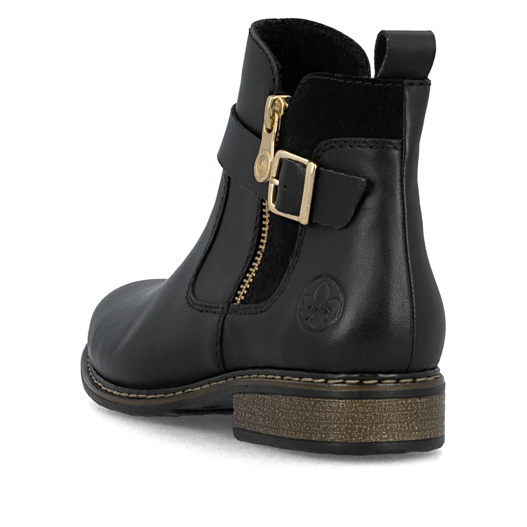 Schwarze Rieker Damen Chelsea Boots Z4959-00 aus Glattleder. Schuh von hinten.