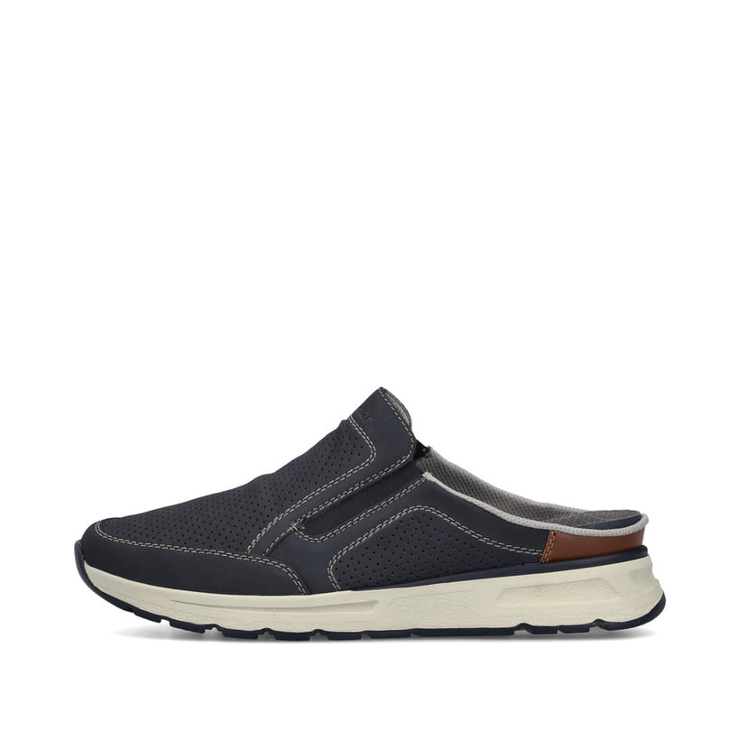 Sabots Rieker bleus pour homme B0760-14 avec bande élastique. Côté extérieur de la chaussure.