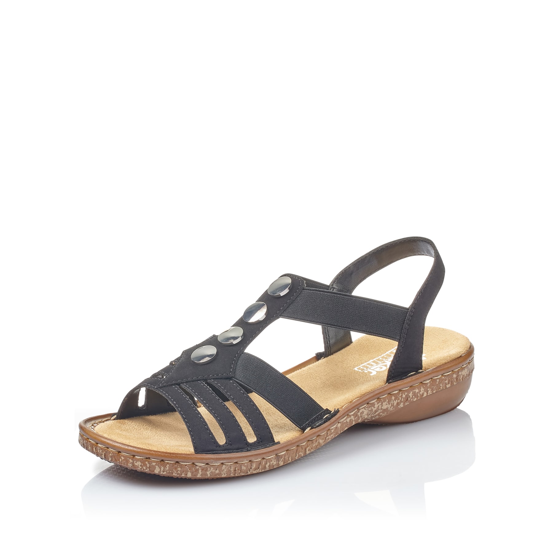 Schwarze Rieker Damen Riemchensandalen 62831-00 mit einem Elastikeinsatz. Schuh seitlich schräg.