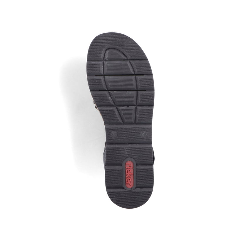Schwarze Rieker Keilsandaletten V3964-02 mit stilvollem Muster. Schuh Laufsohle.