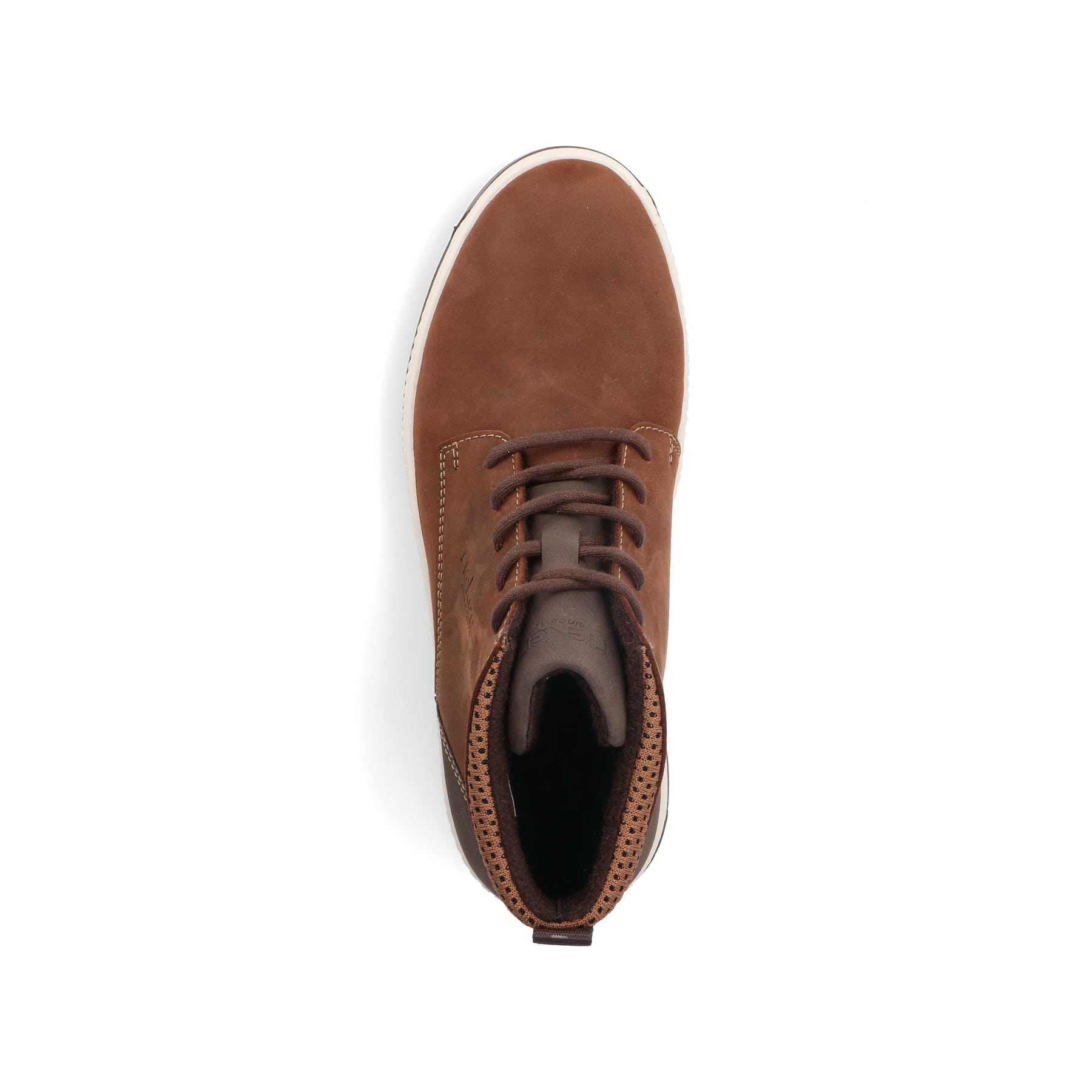 Mokkabraune Rieker Herren Schnürstiefel 38541-22 mit Schnürung sowie einer Profilsohle. Schuh von oben