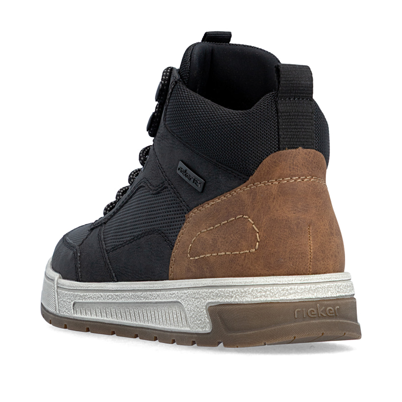 Schwarz-braune Rieker Herren Sneaker High 36020-00 mit einem Reißverschluss. Schuh von hinten.