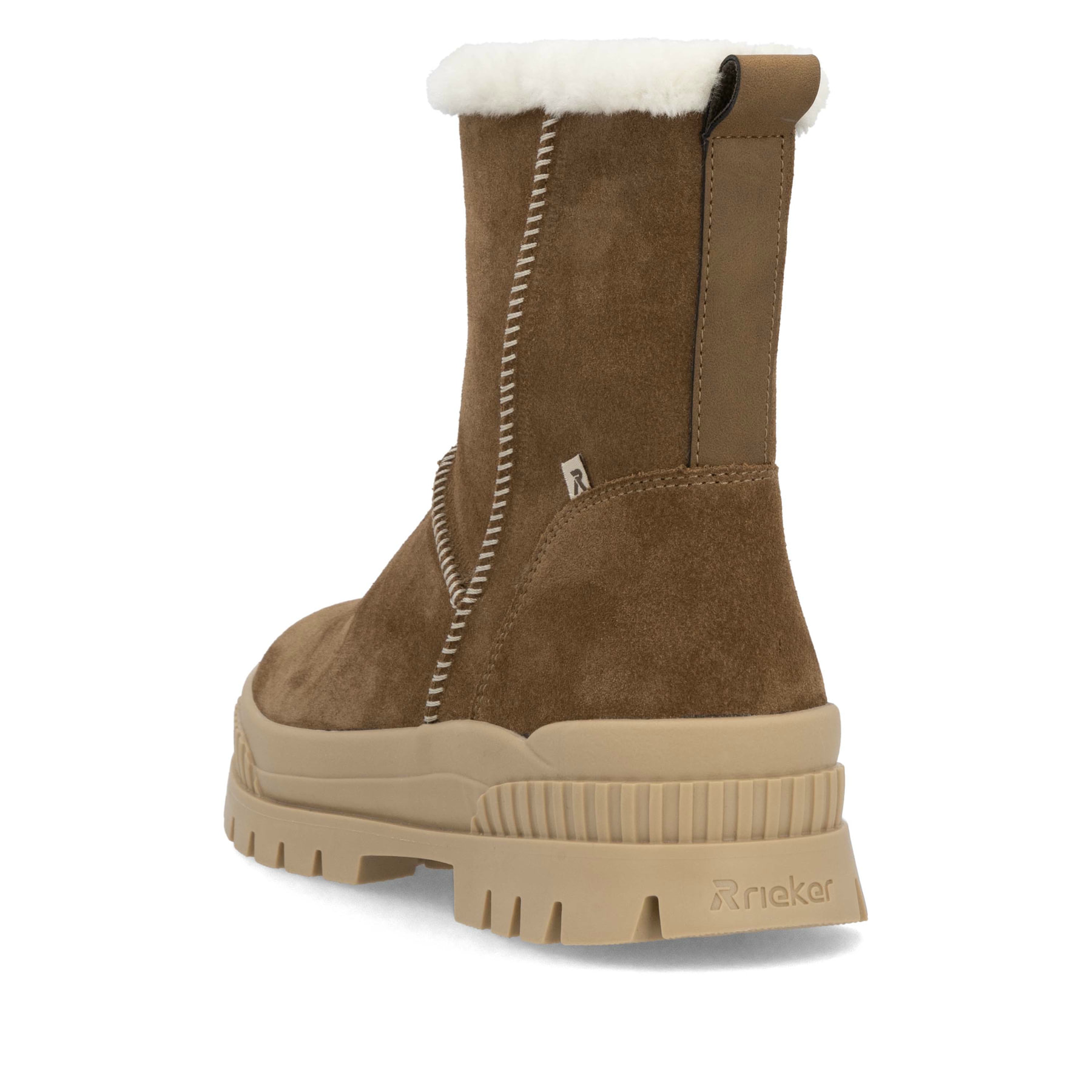 Braune Rieker Damen Kurzstiefel W2172-20 mit griffiger Fiber-Grip Sohle. Schuh von hinten.