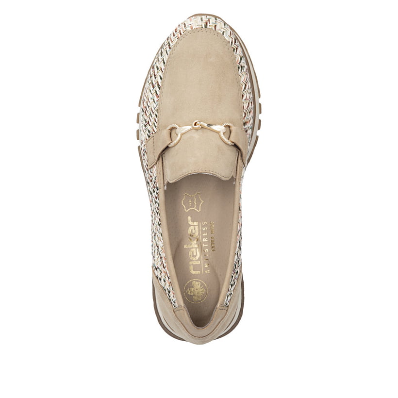 Mocassins Rieker beiges pour femme 49042-62 en cuir velours. Chaussure vue de dessus.