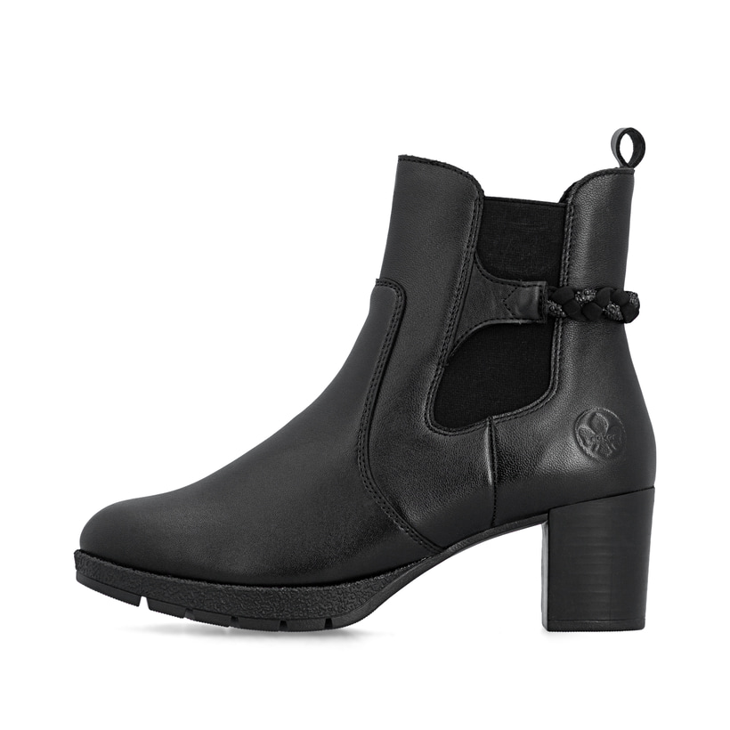 Schwarze Rieker Damen Chelsea Boots 77651-00 aus Glattleder mit Reißverschluss. Schuh Außenseite.
