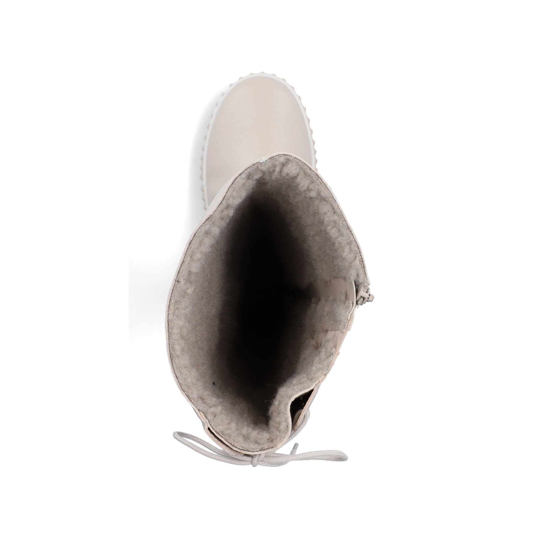 Cremefarbene Rieker Damen Hochschaftstiefel Y6370-60 mit gerafftem Schaft. Schuh von oben.