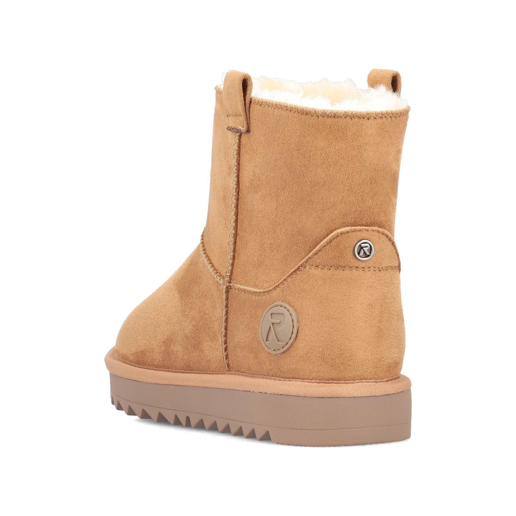Braune Rieker Damen Kurzstiefel 99870-24 mit Fellschaftrand sowie Komfortweite G. Schuh von oben.