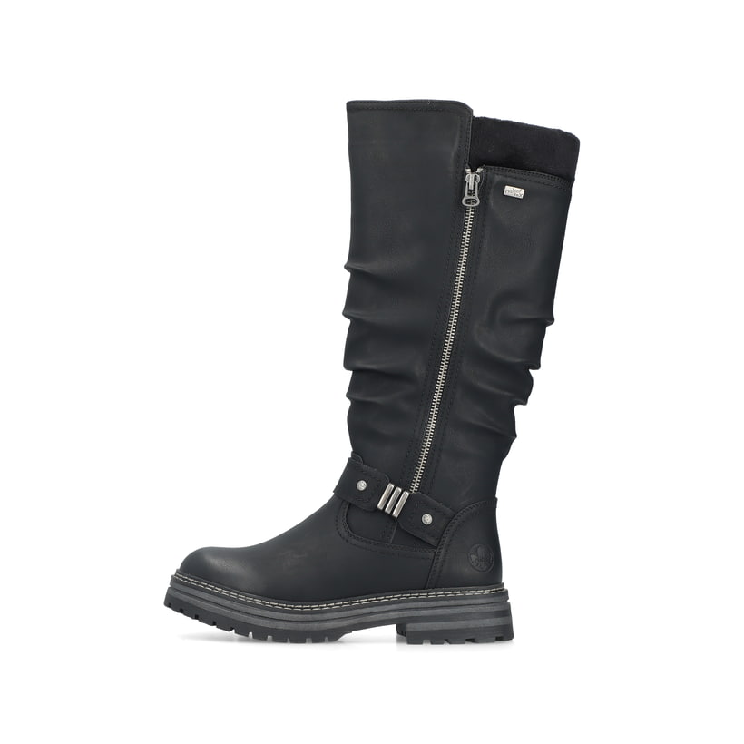 Schwarze Rieker Damen Hochschaftstiefel 93093-00 mit einem Reißverschluss. Schuh Außenseite.