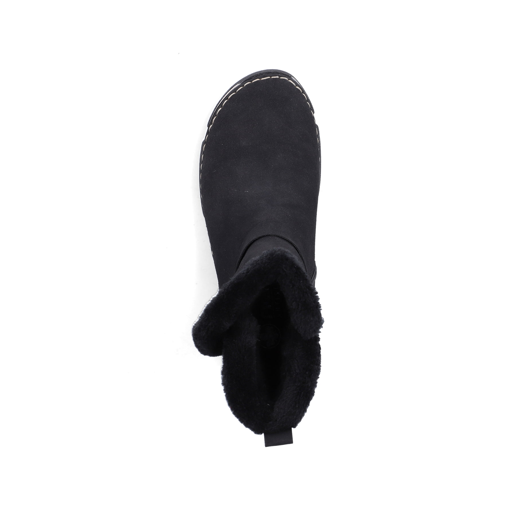 Schwarze Rieker Damen Kurzstiefel 45966-01 mit trendiger Schnalle. Schuh von oben.