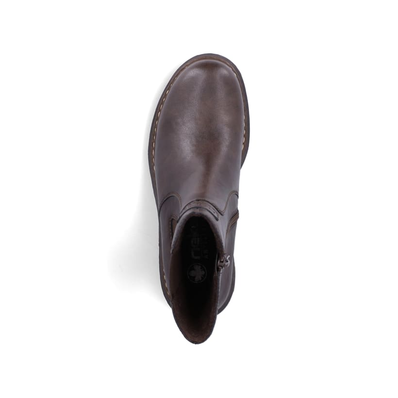 Dunkelbraune Rieker Damen Chelsea Boots 72660-25 mit einem Reißverschluss. Schuh von oben.