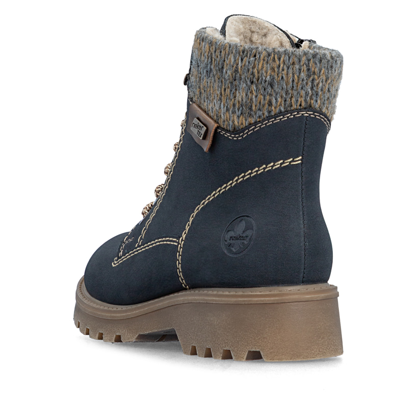 Dunkelblaue Rieker Damen Biker Boots 73220-14 mit wasserabweisender TEX-Membran. Schuh von hinten.