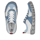 Weißblaue Rieker Damen Schnürschuhe L0307-80 mit eleganten Zierlochungen. Schuh von oben, liegend.