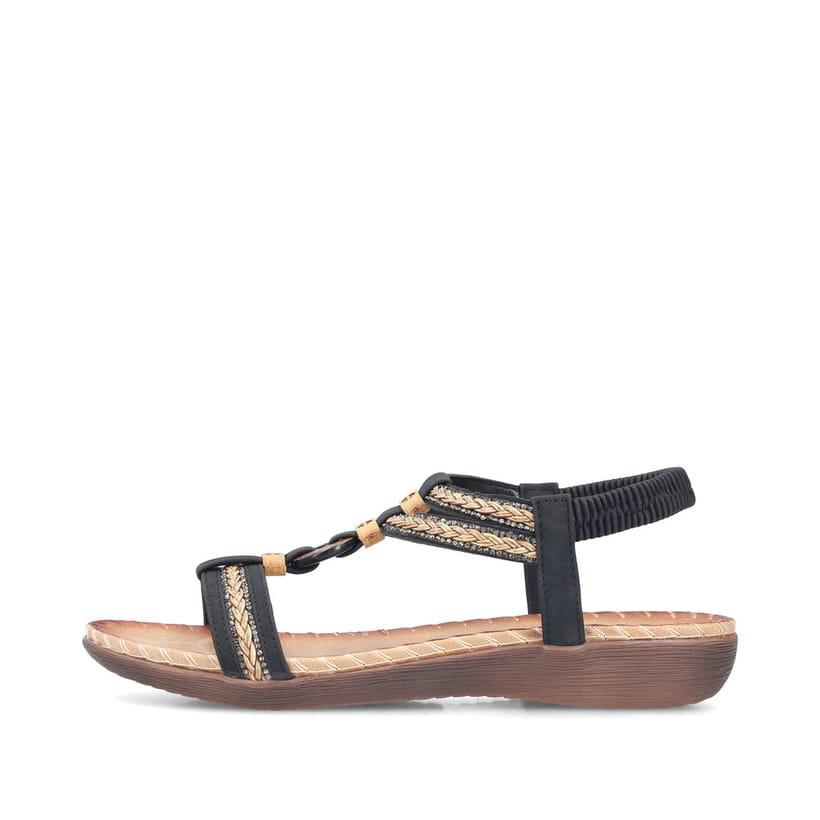 Schwarze Rieker Damen Zehentrenner V7564-00 mit modischen Flechtelementen. Schuh Außenseite.