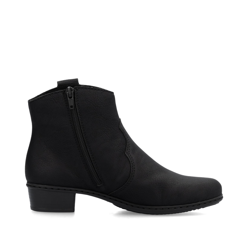 Nachtschwarze Rieker Damen Stiefeletten Y0762-00 mit einem Reißverschluss. Schuh von hinten.