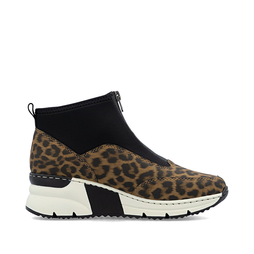 Braune Rieker Damen Sneaker High N6352-90 mit Leo-Print sowie Reißverschluss. Schuh Innenseite.