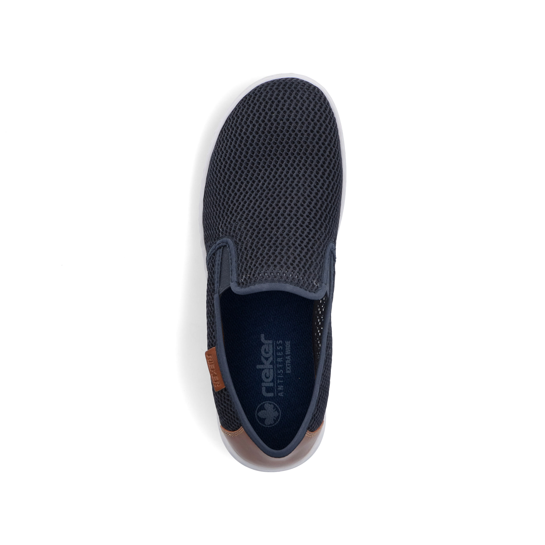 Blaue Rieker Herren Slipper 08676-14 mit einem Gummizug sowie der Extraweite H. Schuh von oben.