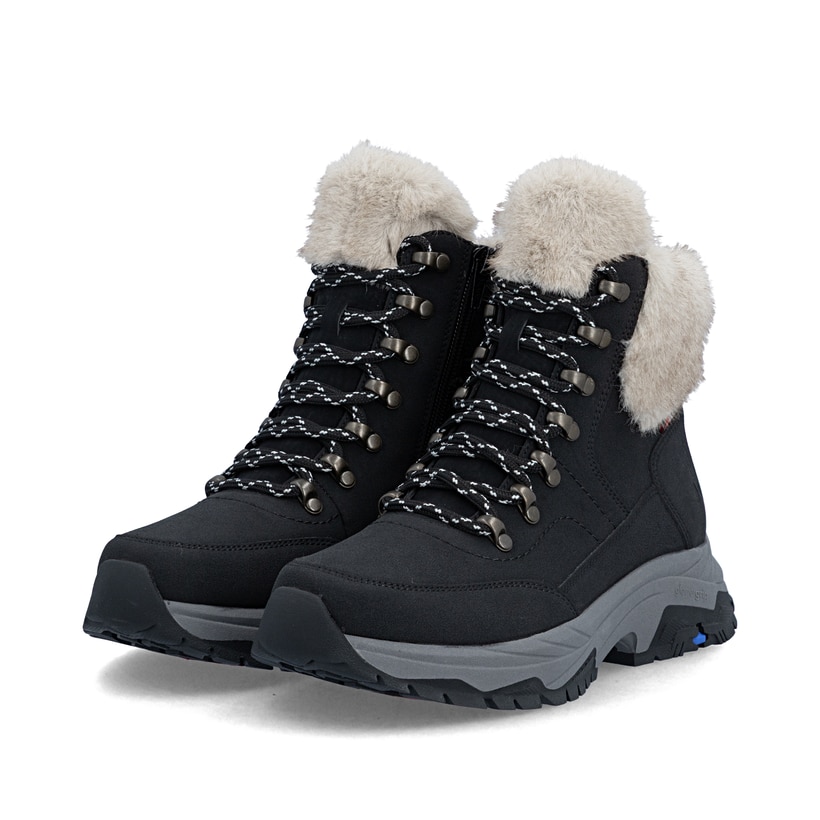 Schwarz-beige Rieker Damen Schnürstiefel Z3971-00 aus Rauleder mit Glacier Grip. Schuhpaar seitlich schräg.