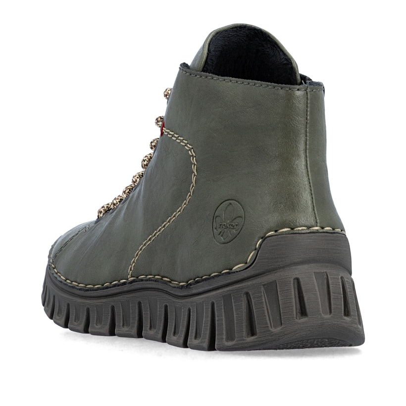 Dunkelgrüne Rieker Damen Schnürstiefel 57501-54 mit modernen Ziernähten. Schuh von hinten.