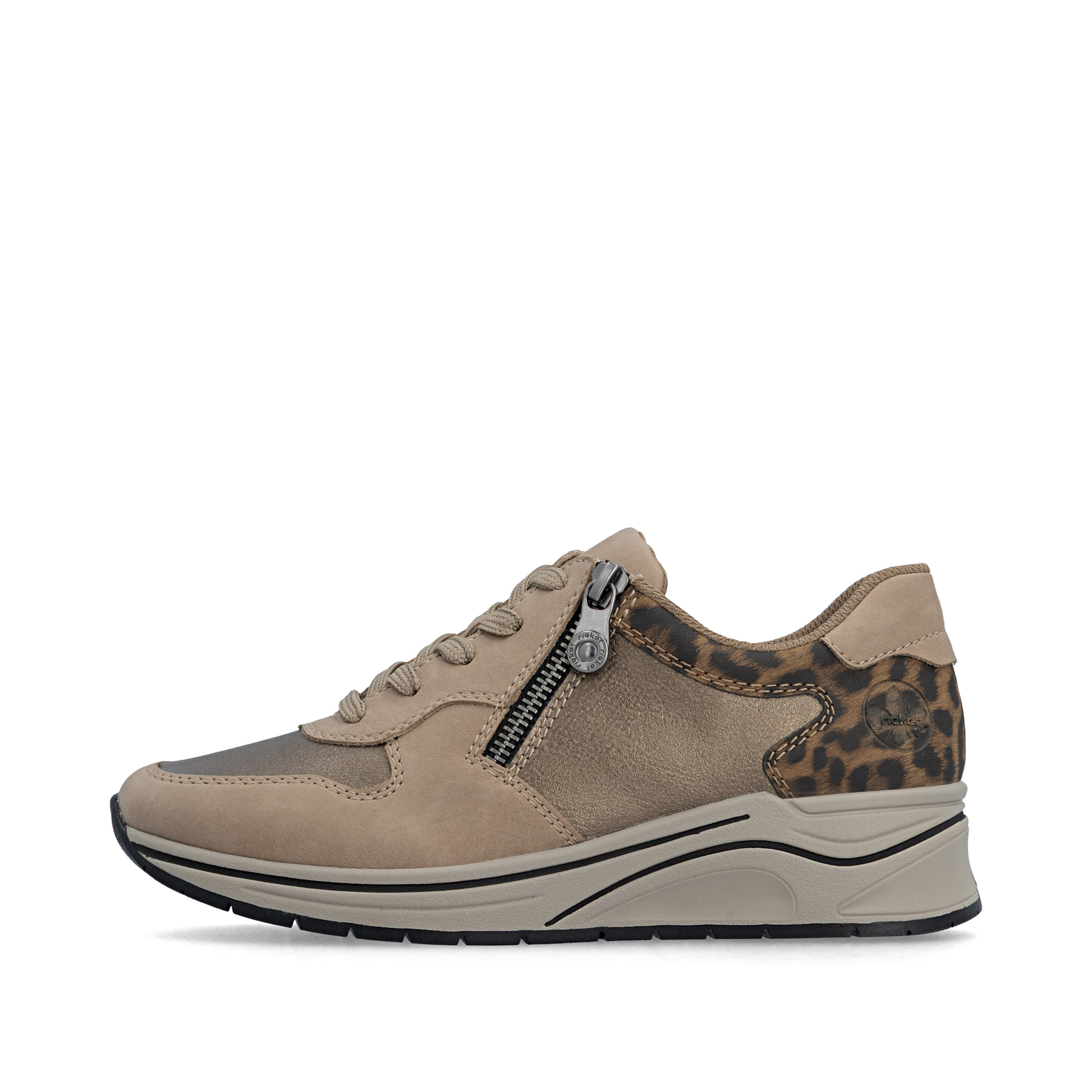 Baskets basses Rieker beiges pour femme N9503-20 avec imprimé léopard. Côté extérieur de la chaussure.