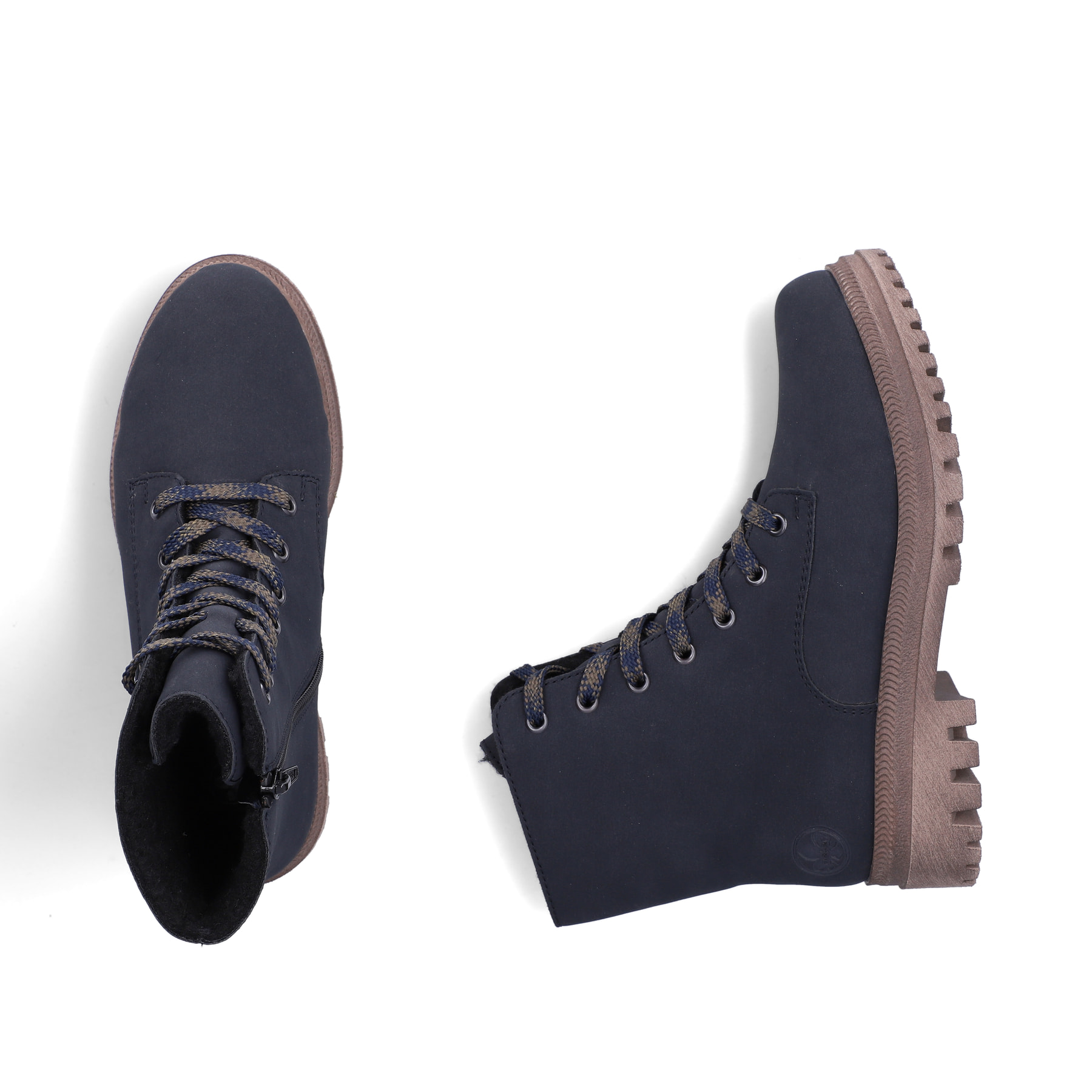 Dunkelblaue Rieker Damen Biker Boots Y7622-14 mit einem Reißverschluss. Schuh von oben, liegend.