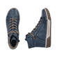 Dunkelblaue Rieker Damen Kurzstiefel N0730-14 mit einem Reißverschluss. Schuh von oben, liegend.