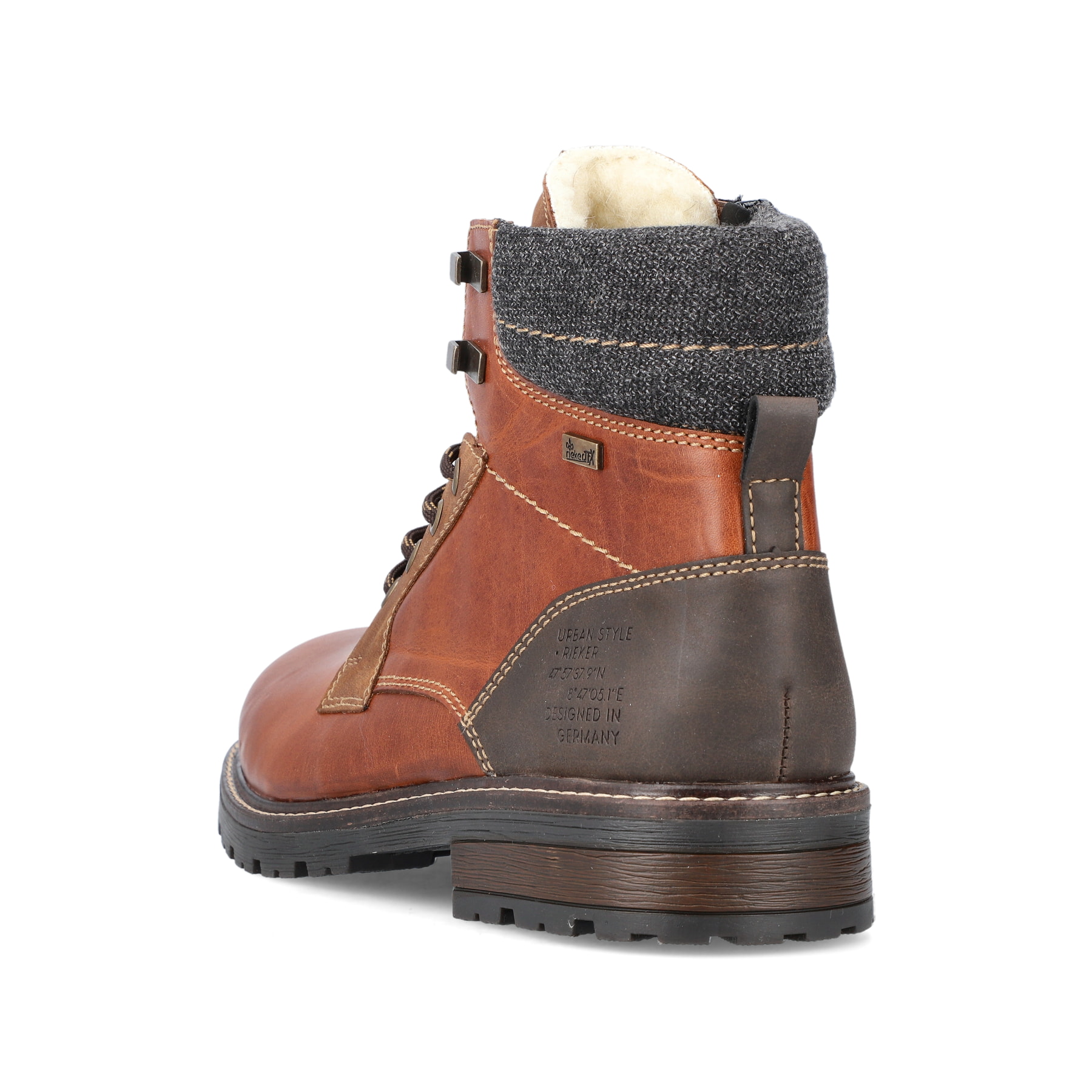 Karamellbraune Rieker Herren Schnürstiefel 32040-25 mit einer robusten Profilsohle. Schuh von hinten