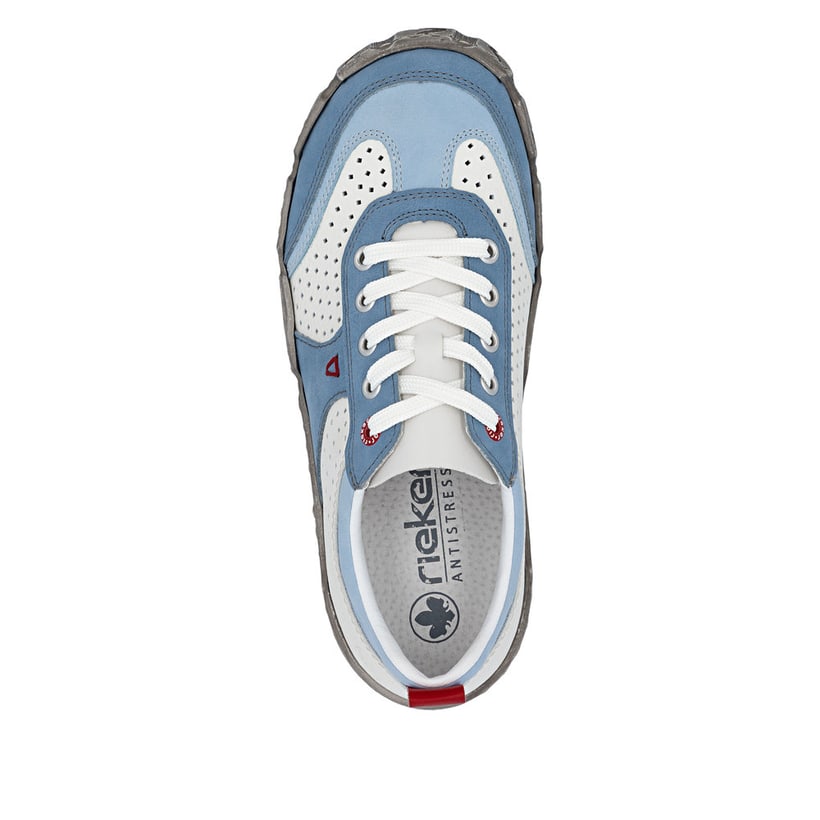 Weißblaue Rieker Damen Schnürschuhe L0307-80 mit eleganten Zierlochungen. Schuh von oben.