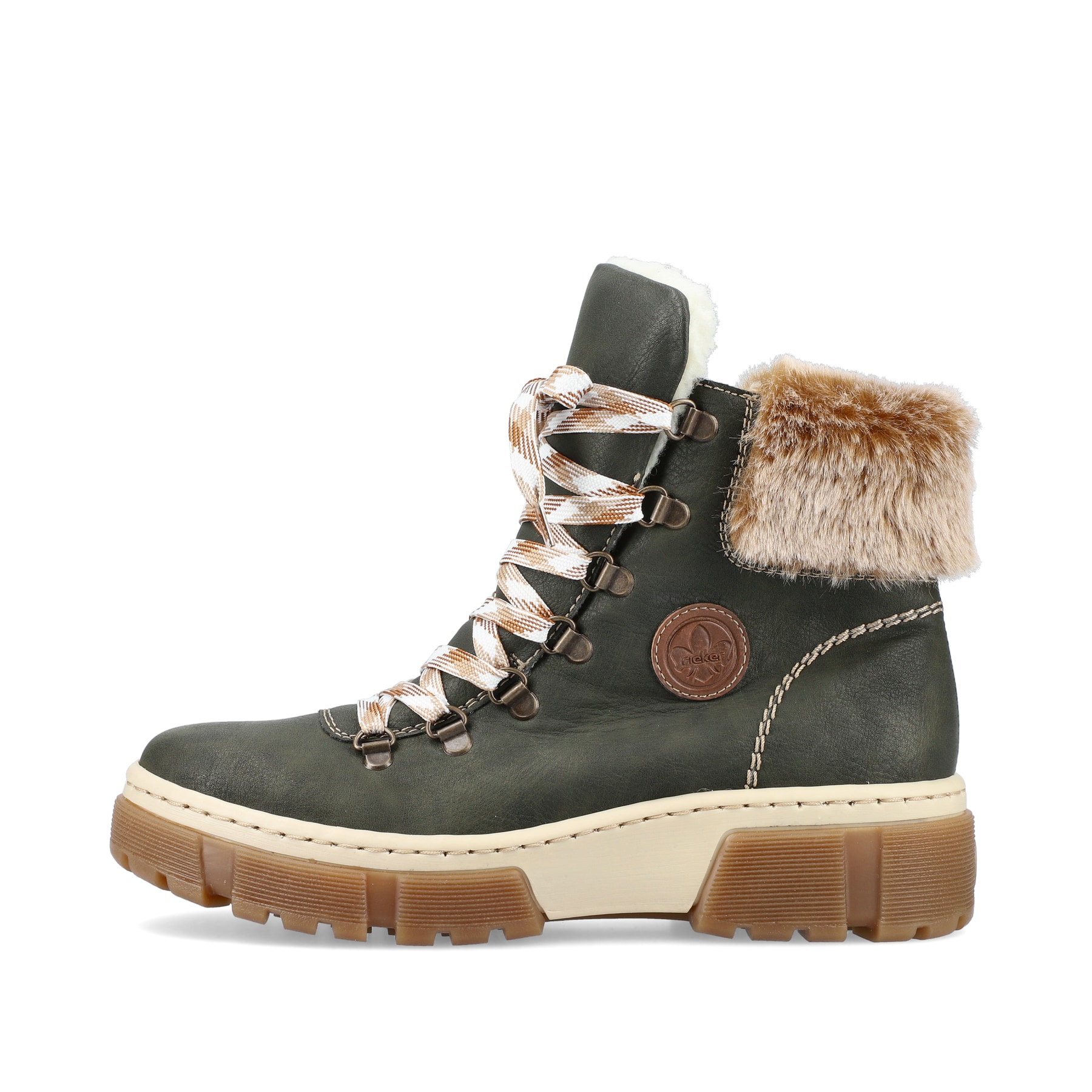 Bottes à lacets Rieker vertes pour femme X8647-54 avec tige en fourrure. Côté extérieur de la chaussure.