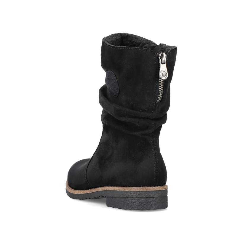 Graphitschwarze Rieker Damen Kurzstiefel 73560-00 mit einer robusten Profilsohle. Schuh von hinten