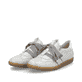 Graue Rieker Damen Slipper L9728-40 mit Gummizug sowie gepolsterter Einlegesohle. Schuhpaar seitlich schräg.