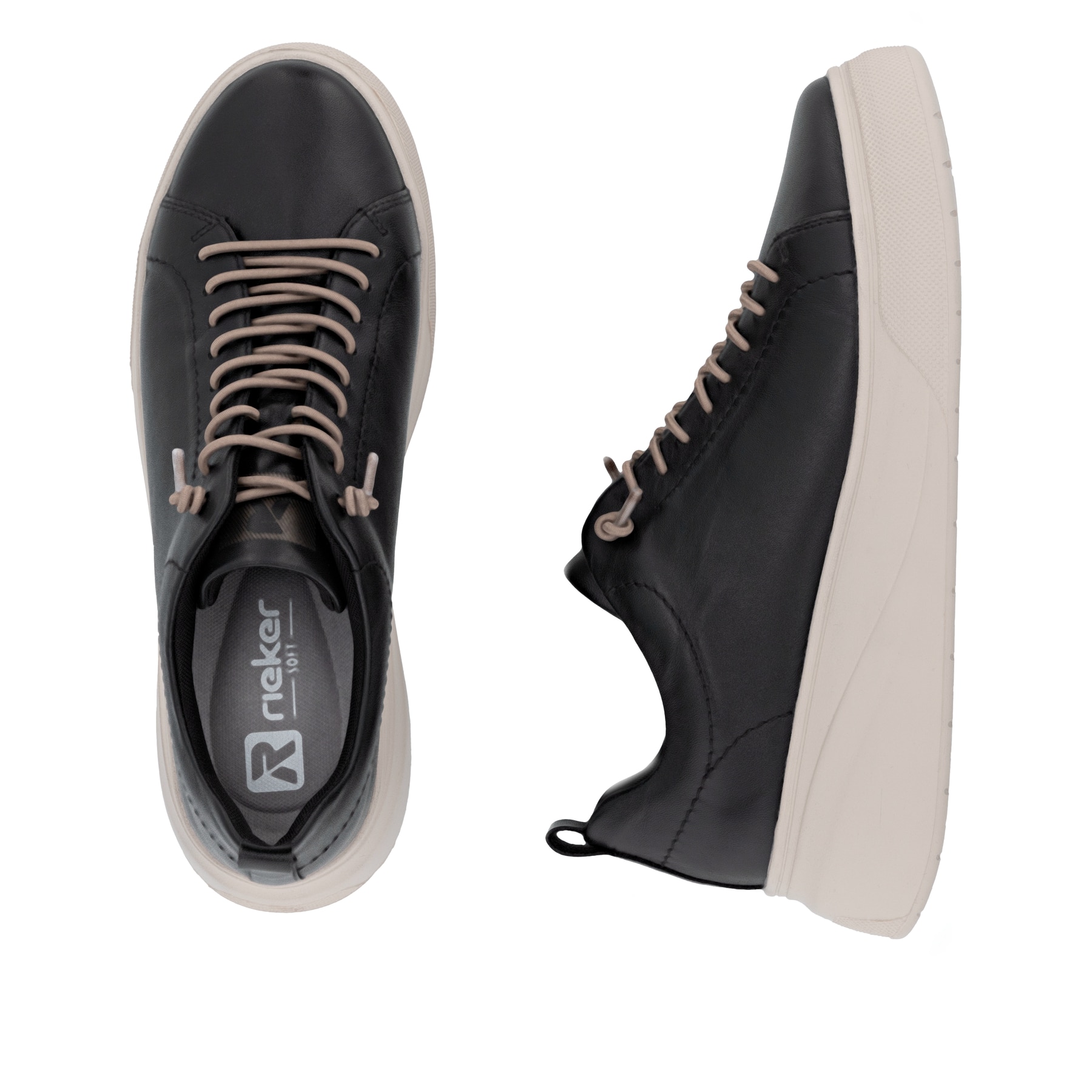 Schwarze Rieker Damen Sneaker Low W2301-00 aus Glattleder mit einer Schnürung. Schuh von oben, liegend.