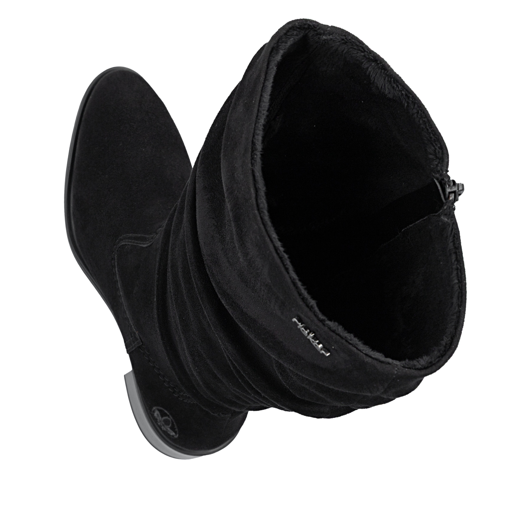 Schwarze Rieker Damen Hochschaftstiefel 74192-00 mit gerafftem Schaft. Schuh von oben, liegend.