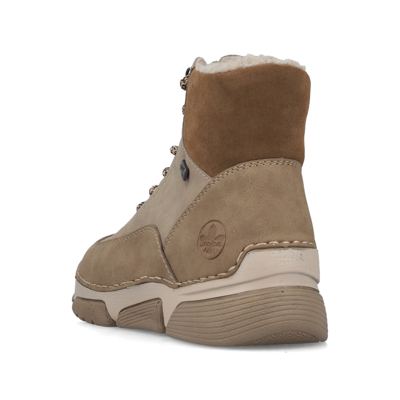 Beige Rieker Damen Schnürstiefel 45956-64 mit wasserabweisender TEX-Membran. Schuh von hinten.