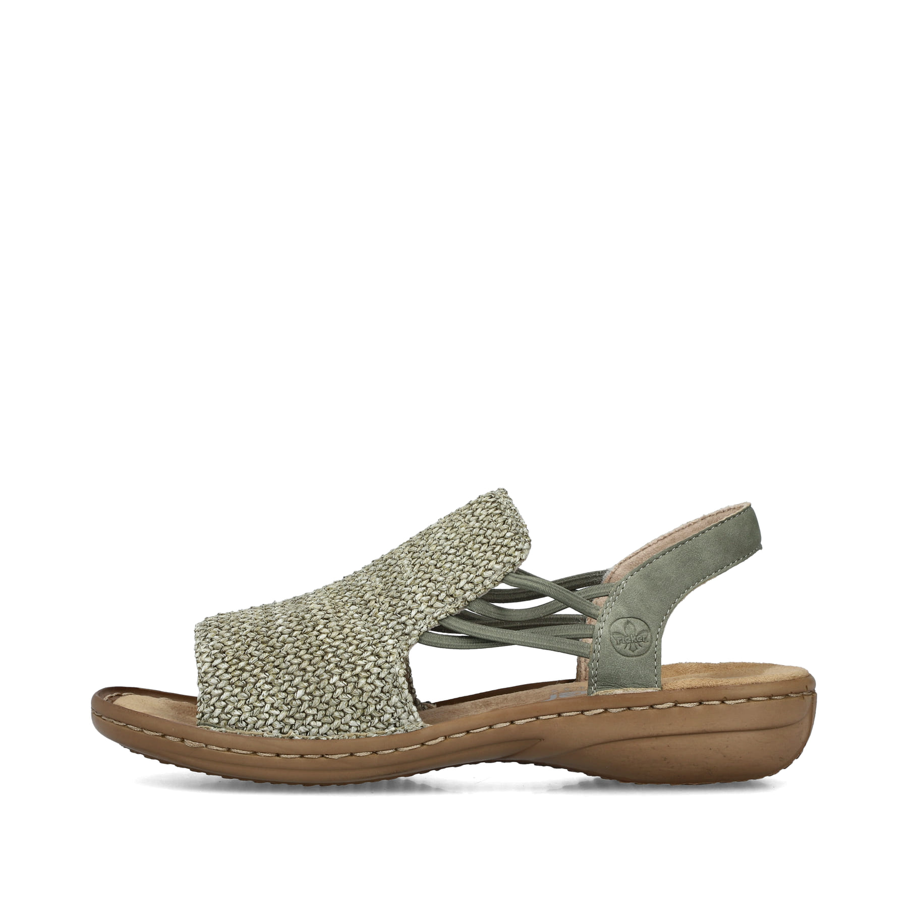 Grüne Rieker Damen Riemchensandalen 60843-52 mit einem Gummizug. Schuh Außenseite.