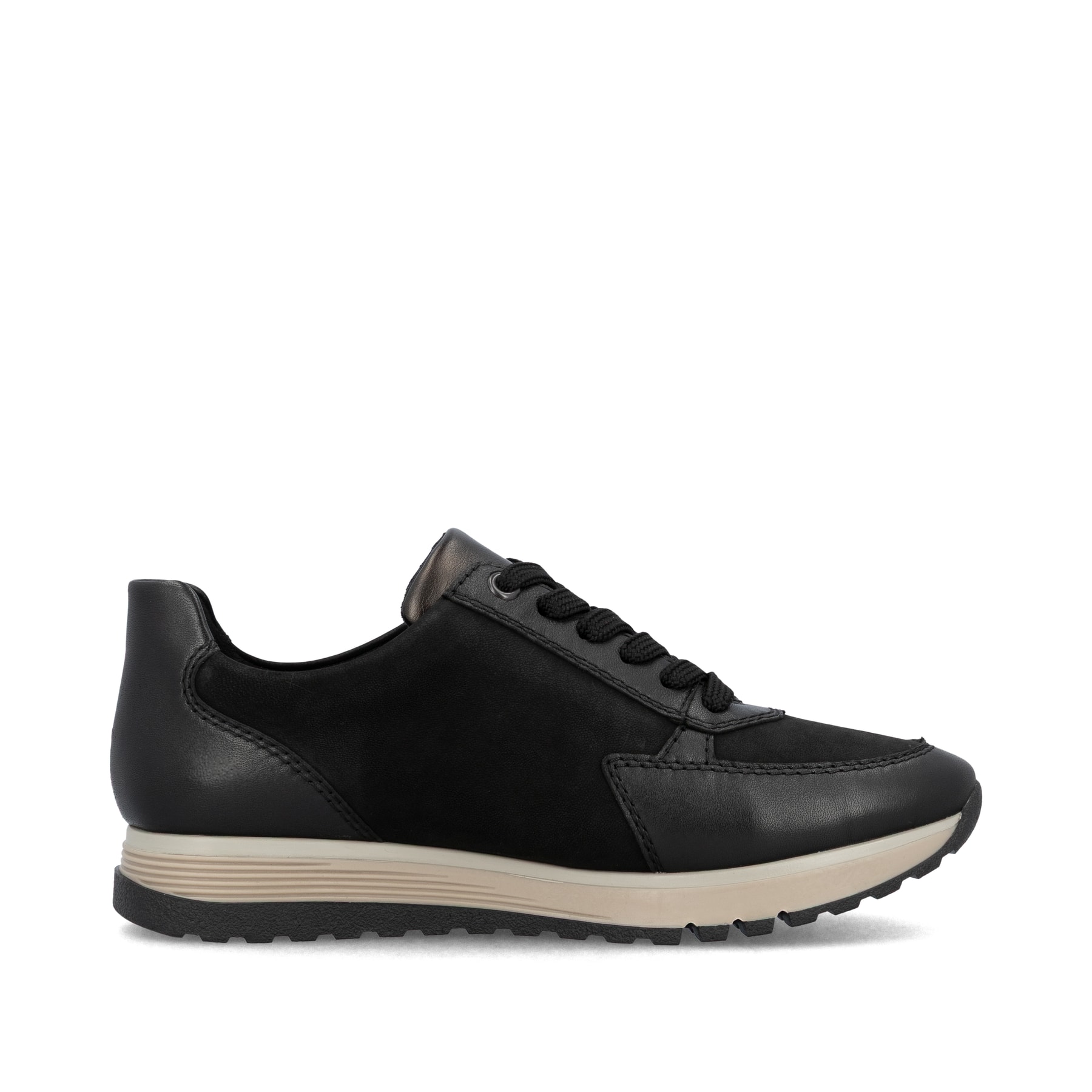 Baskets basses Rieker noires pour femme 49010-00 en cuir lisse. Chaussure vue de l'arrière.