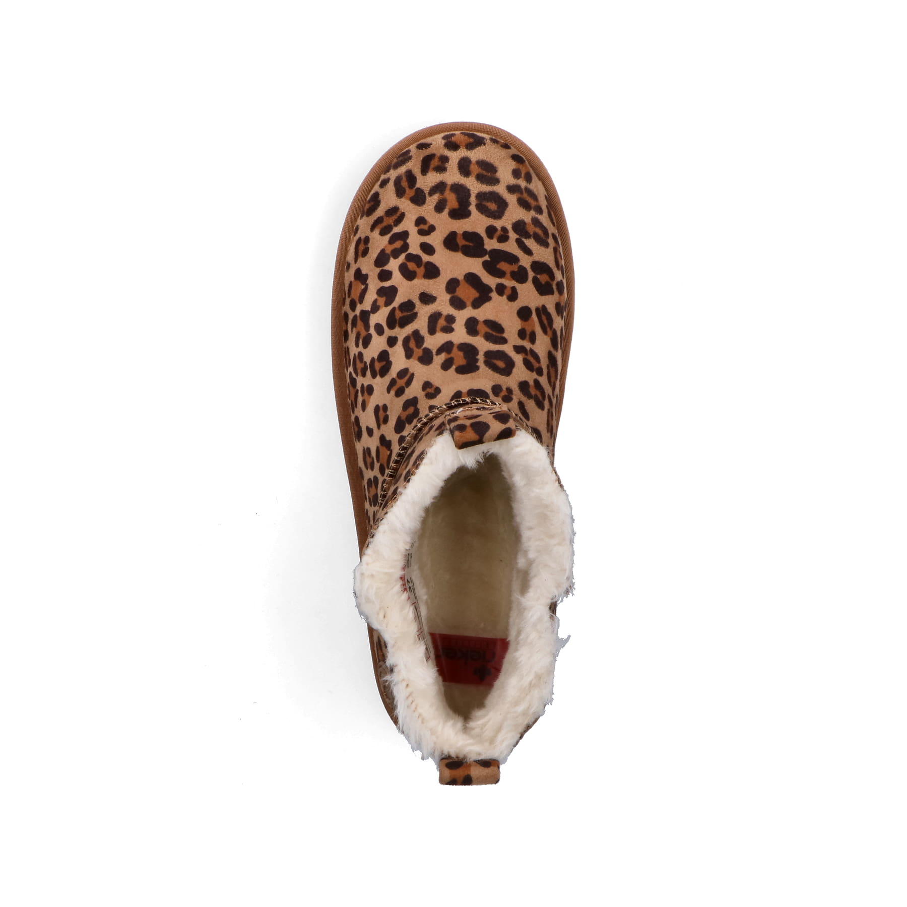 Braune Rieker Damen Kurzstiefel 99861-25 mit Leo-Print sowie der Komfortweite G. Schuh von oben.