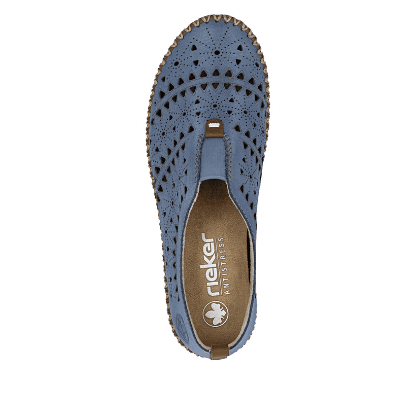 Blaue Rieker Damen Slipper M2852-12 aus Glattleder, Barfußschuhe. Schuh von oben.